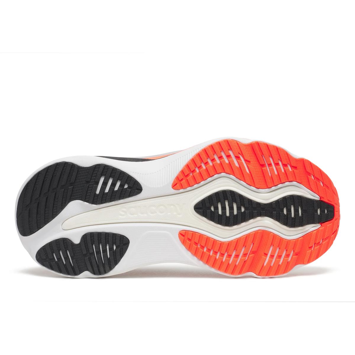 saucony hurricane 26 mens, max cushioned supportive and stable road running and walking shoe, light grey colour with black and orange detail, sole of shoe