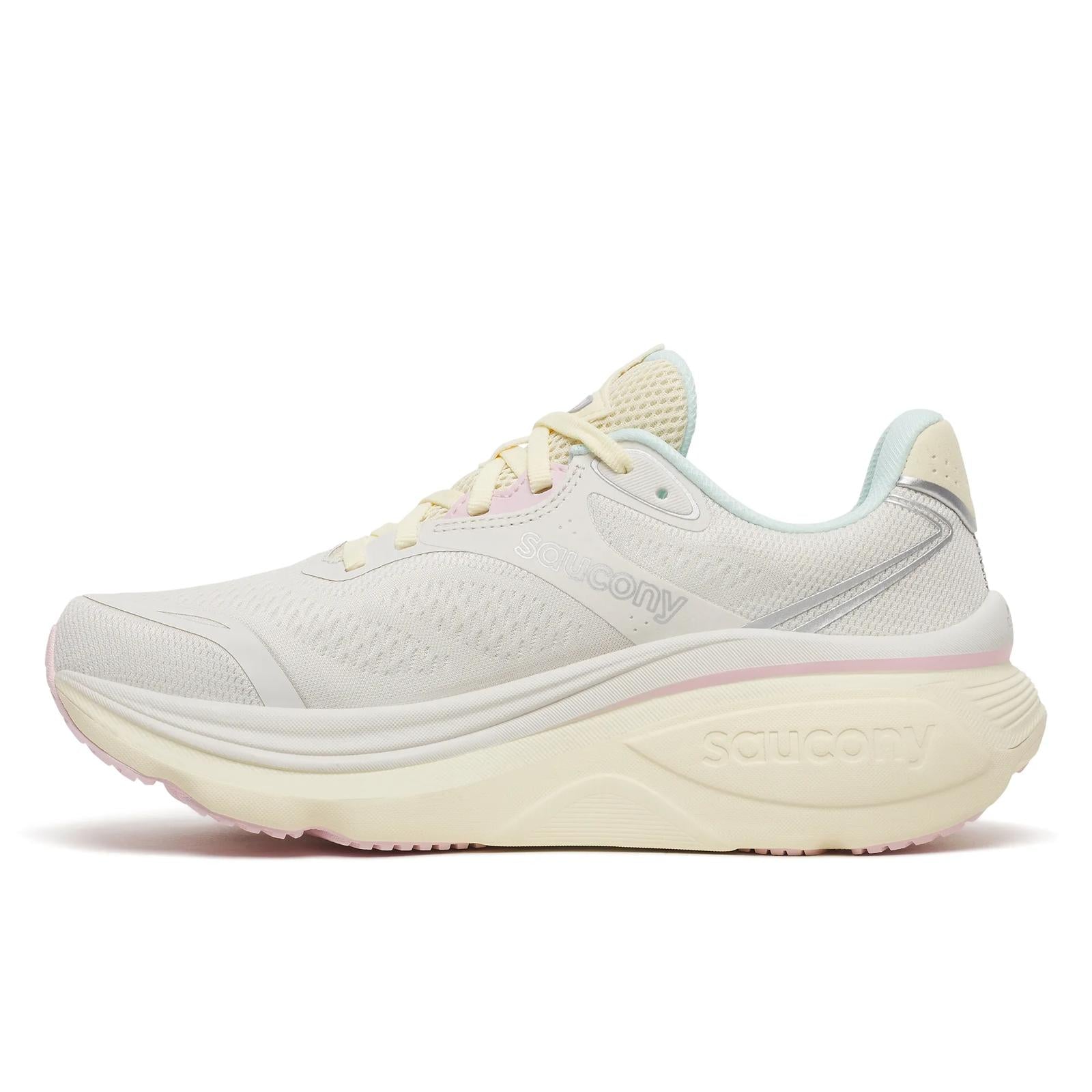 saucony hurricane 26 for women, supportive running shoe with maximum cushioning, white colour with pastel yellow, pink and aqua details, side profile of shoe on a white background