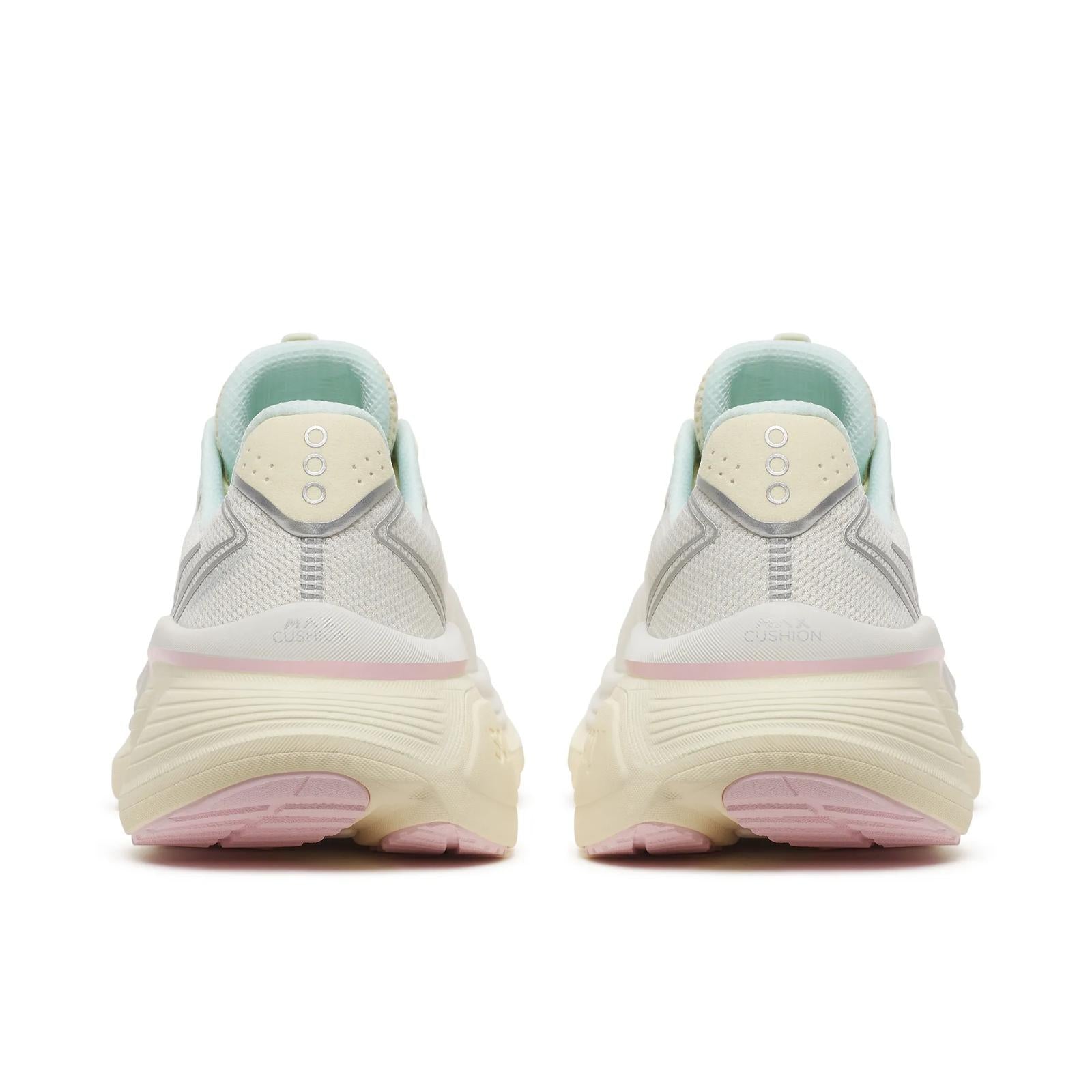 saucony hurricane 26 for women, supportive running shoe with maximum cushioning, white colour with pastel yellow, pink and aqua details, back  profile of both shoes on a white background