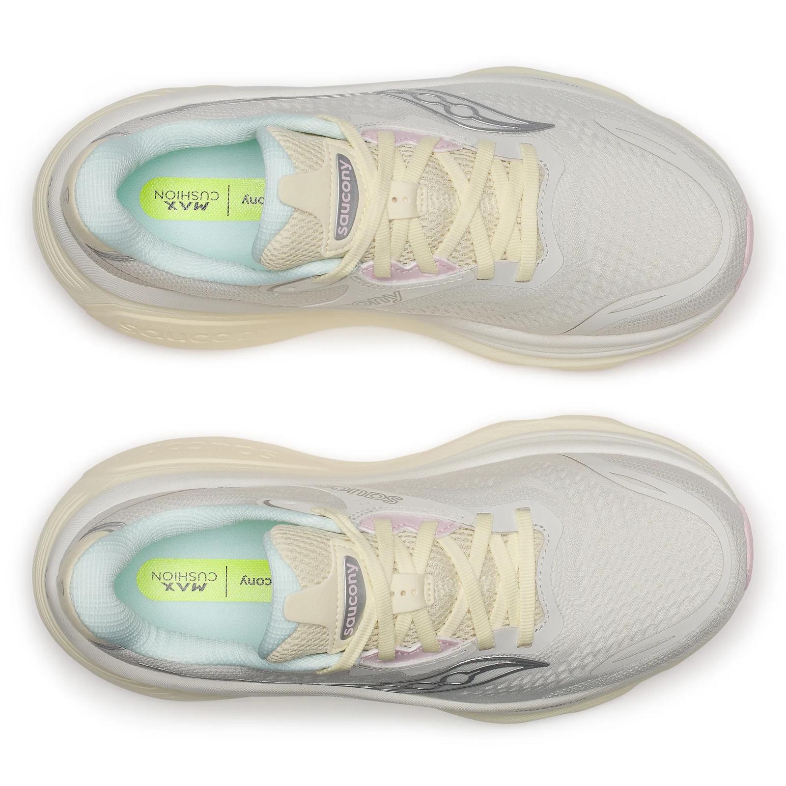 saucony hurricane 26 for women, supportive running shoe with maximum cushioning, white colour with pastel yellow, pink and aqua details, over head profile of both shoes on a white background