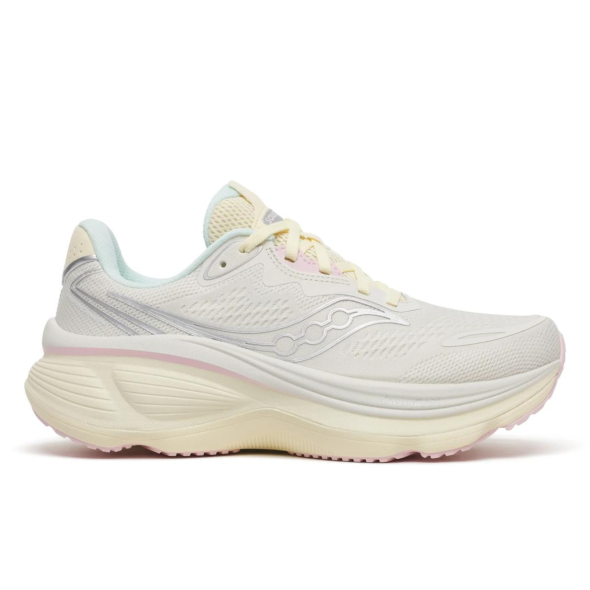 saucony hurricane 26 for women, supportive running shoe with maximum cushioning, white colour with pastel yellow, pink and aqua details, side profile of shoe on a white background