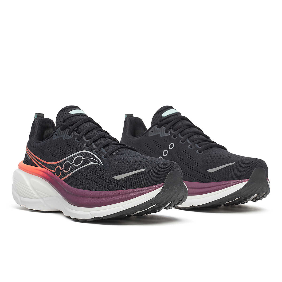 saucony mens hurricane 25 running shoe, max cushion supportive runner, black with red and orange details, side profile of shoe