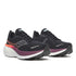 saucony mens hurricane 25 running shoe, max cushion supportive runner, black with red and orange details, side profile of shoe
