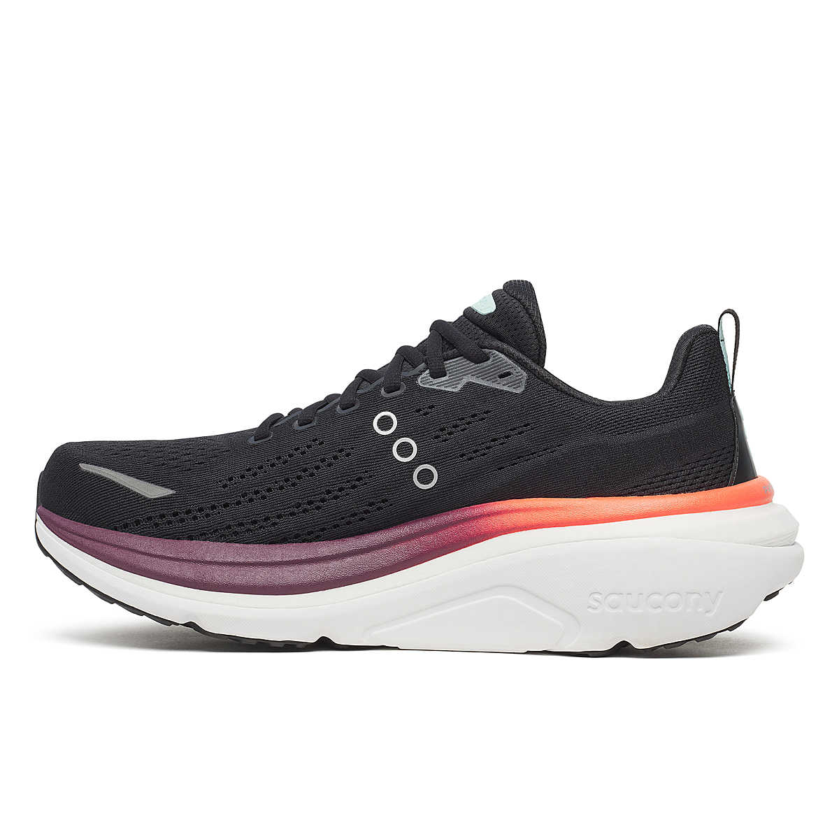 saucony mens hurricane 25 running shoe, max cushion supportive runner, black with red and orange details, side profile of shoe