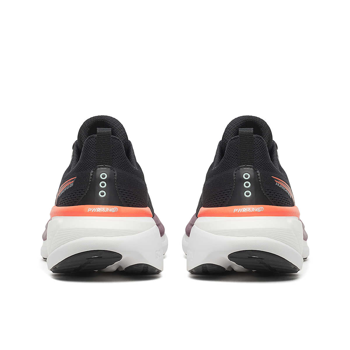 saucony mens hurricane 25 running shoe, max cushion supportive runner, black with red and orange details, back view of shoe