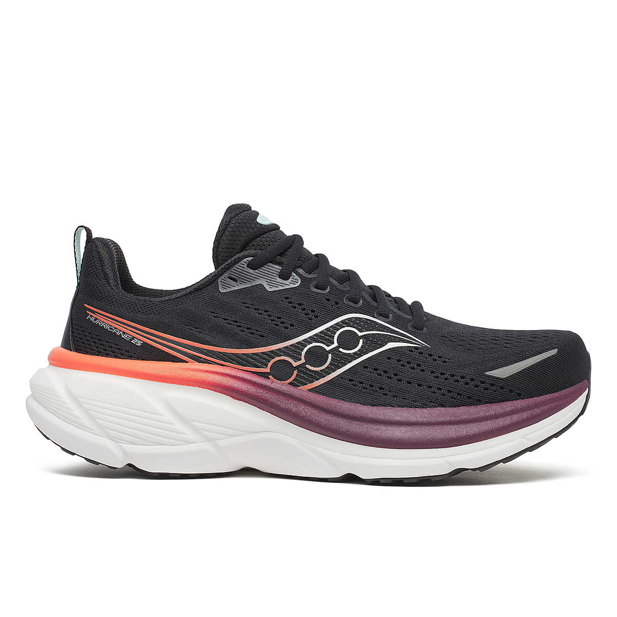 saucony mens hurricane 25 running shoe, max cushion supportive runner, black with orange and purple details details, profile of shoe