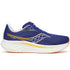 saucony mens ride 18, neutral everyday road running shoe, dark blue with white sole and yellow details