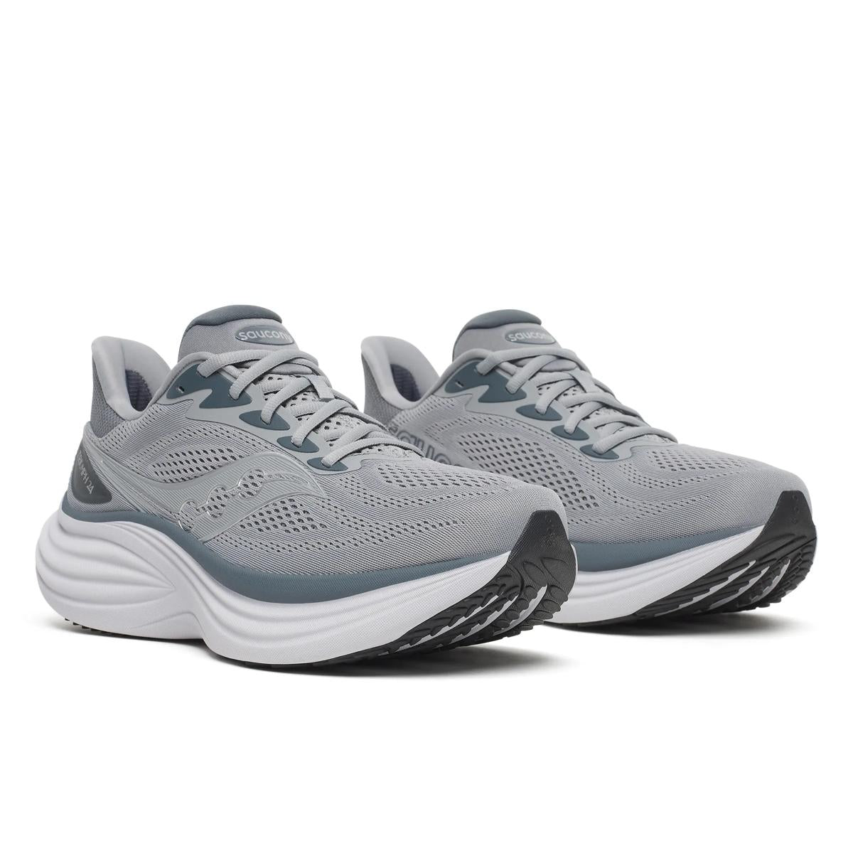 Side view of saucony triumph road running shoe mens in a grey and white colour