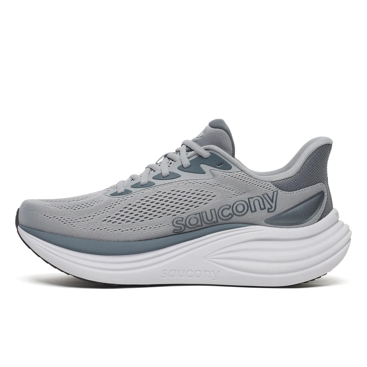 Side view of saucony triumph road running shoe mens in a grey and white colour