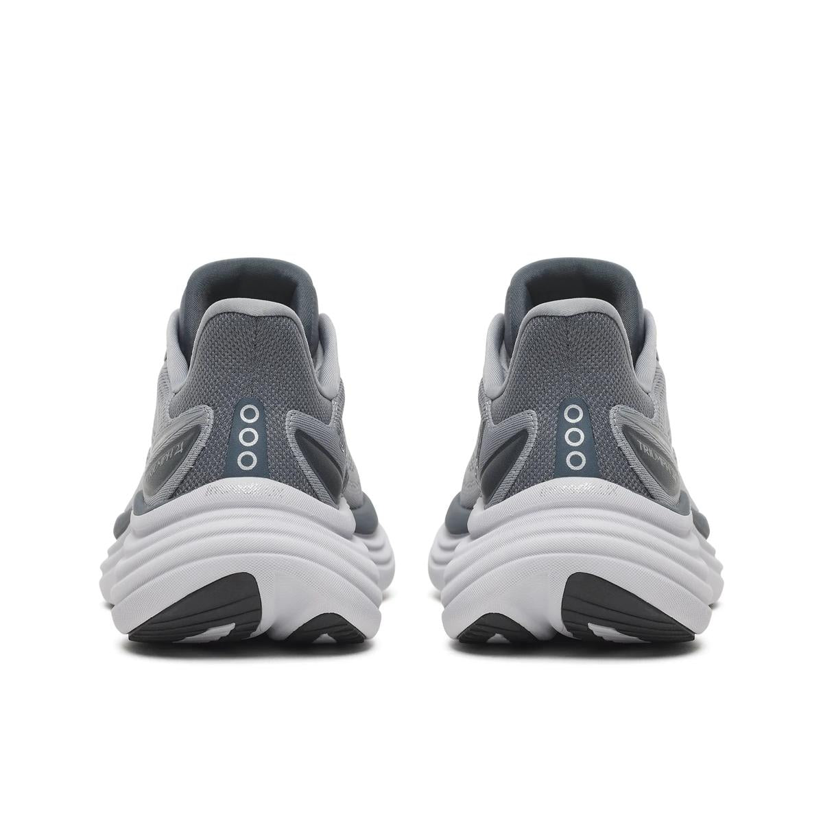 Back view of saucony triumph road running shoe mens in a grey and white colour