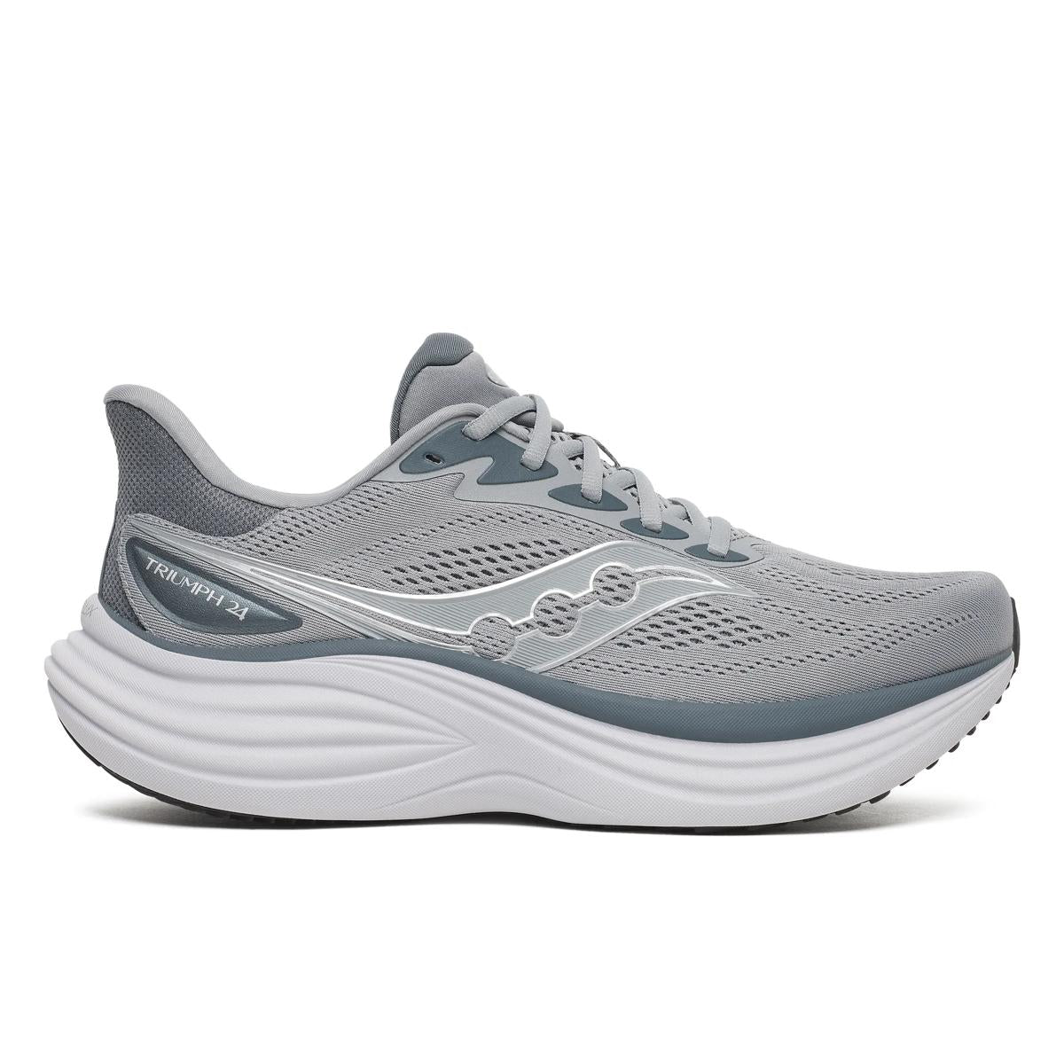 Side view of saucony triumph road running shoe mens in a grey and white colour
