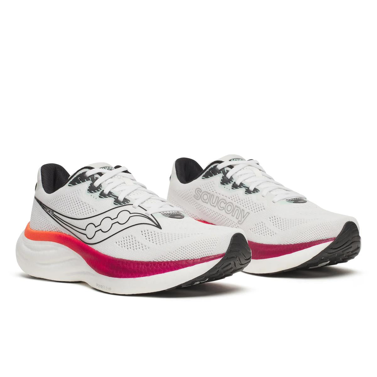 pair of saucony ride 19 neutral running shoe for men in white crimson colour