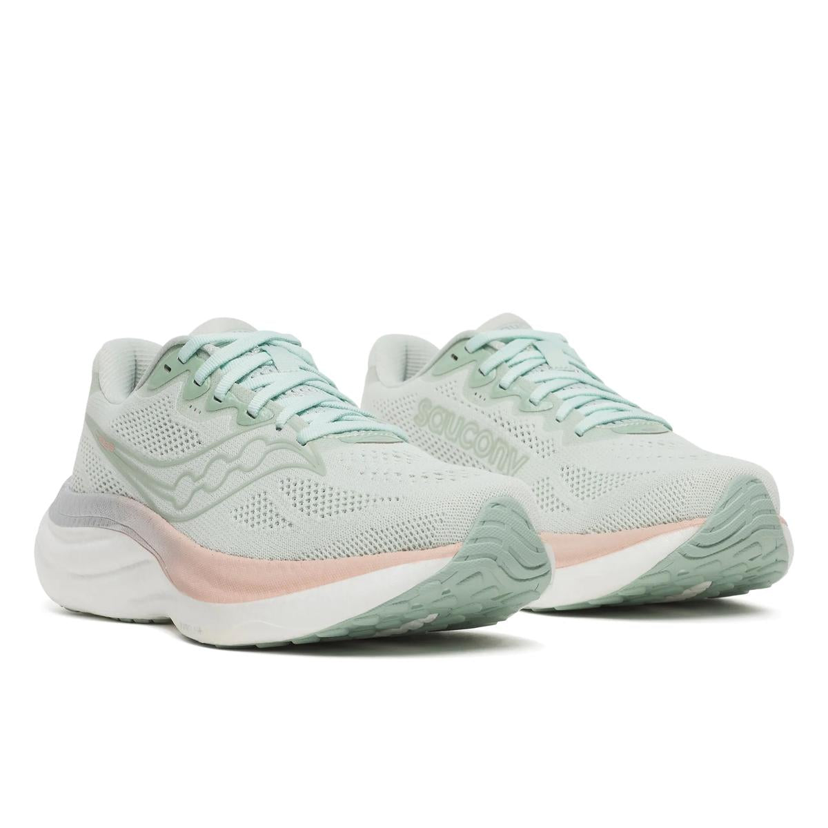 Pair of saucony Ride 19 neutral running shoe for women in mist cameo colour