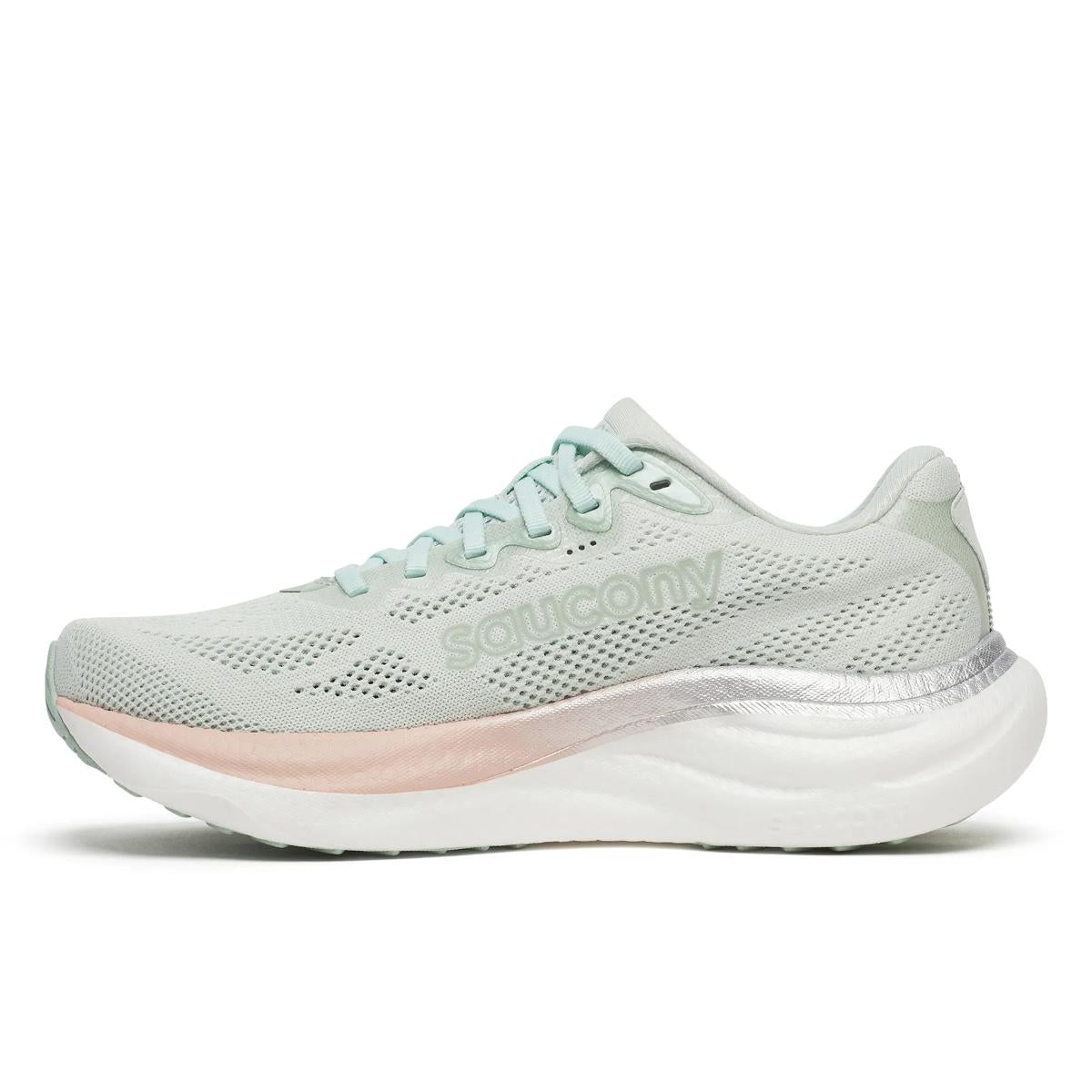 Side of saucony Ride 19 neutral running shoe for women in mist cameo colour