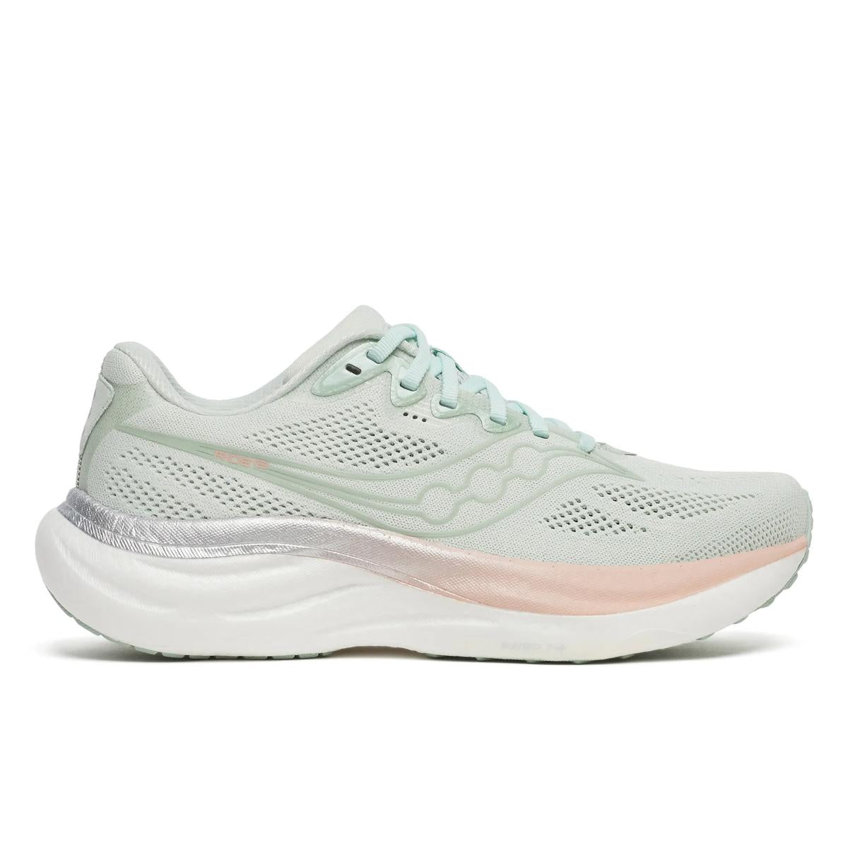 Side of saucony Ride 19 neutral running shoe for women in mist cameo colour