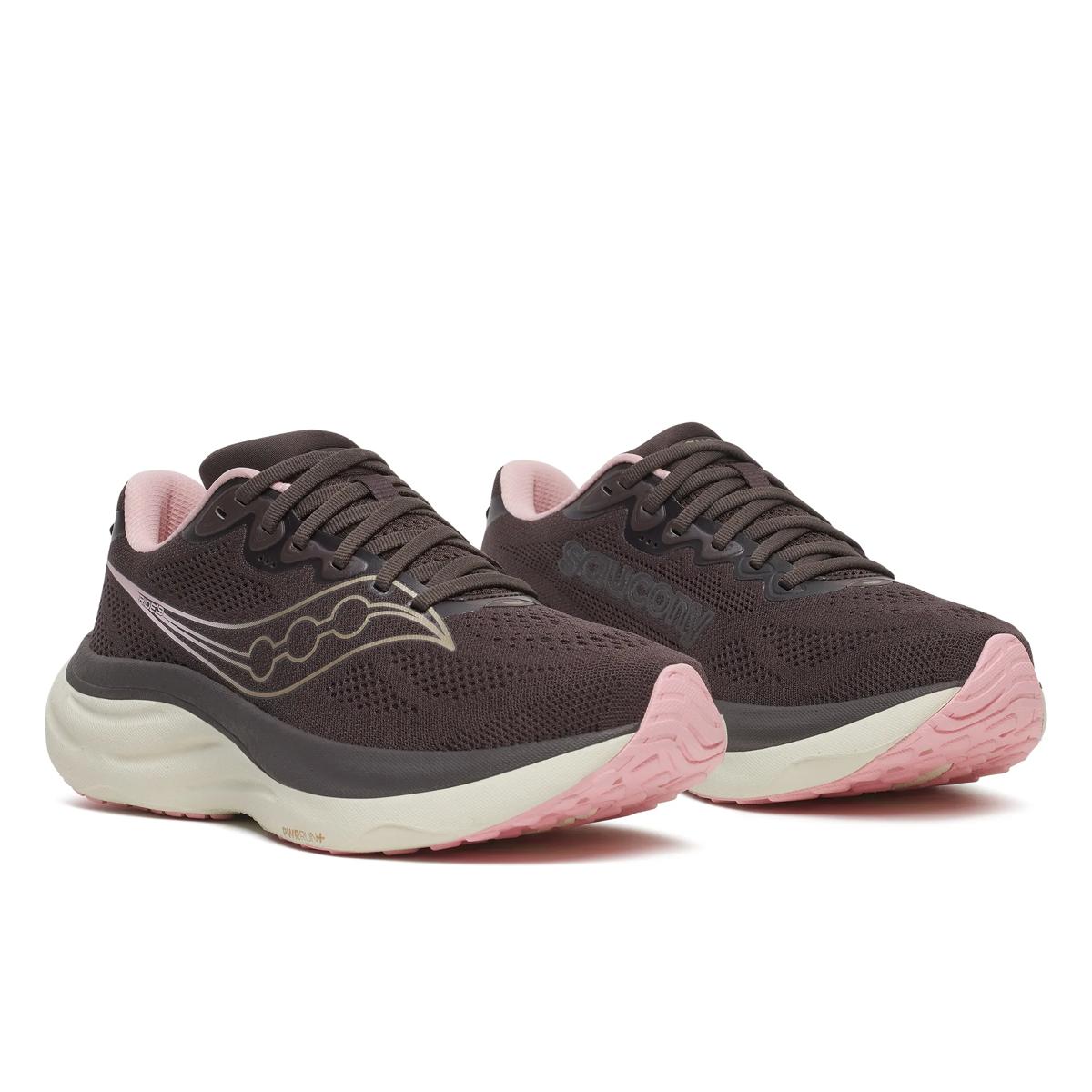side view of womens saucony ride 19 road running shoe in a black colour with pink and white accents 