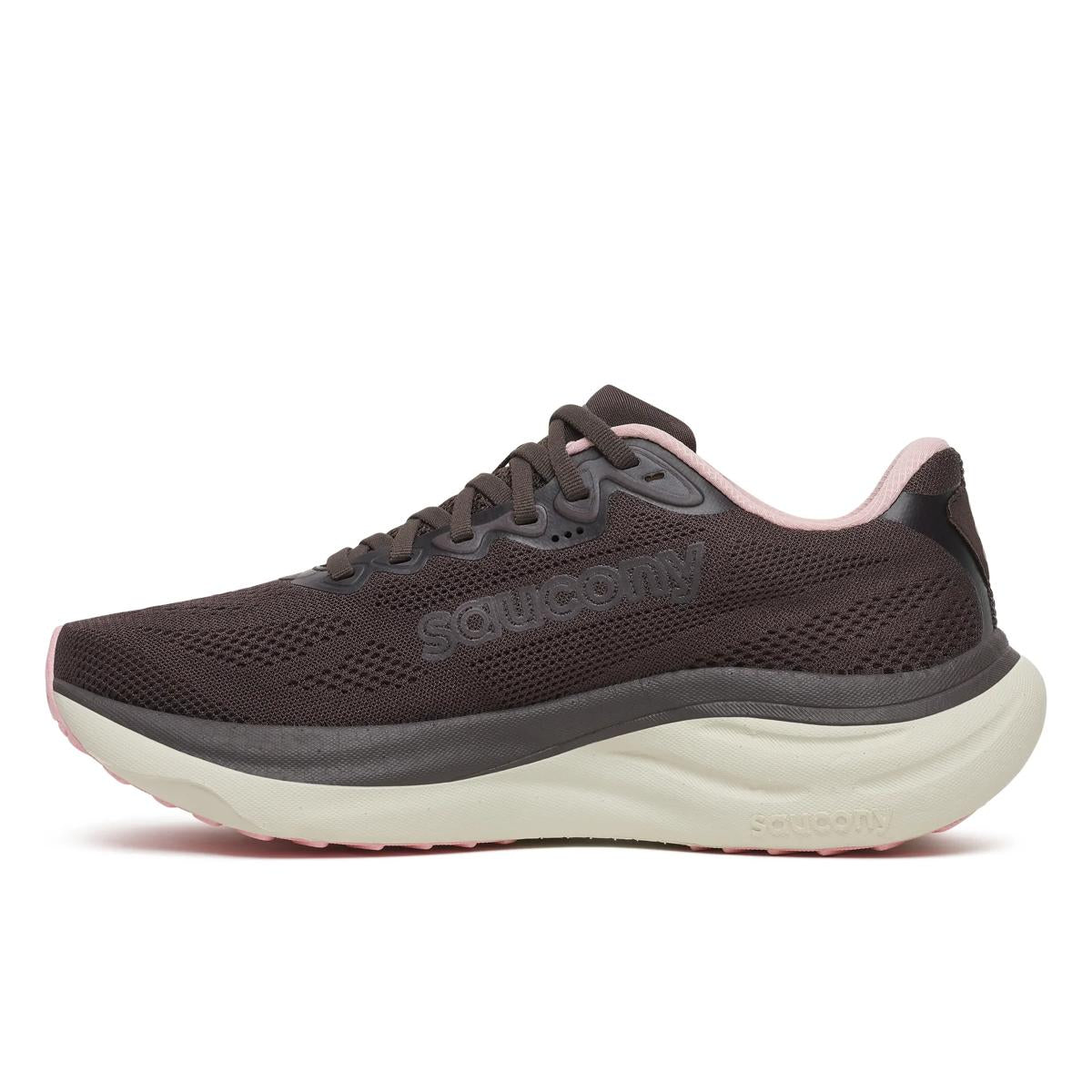 side view of womens saucony ride 19 road running shoe in a black colour with pink and white accents 
