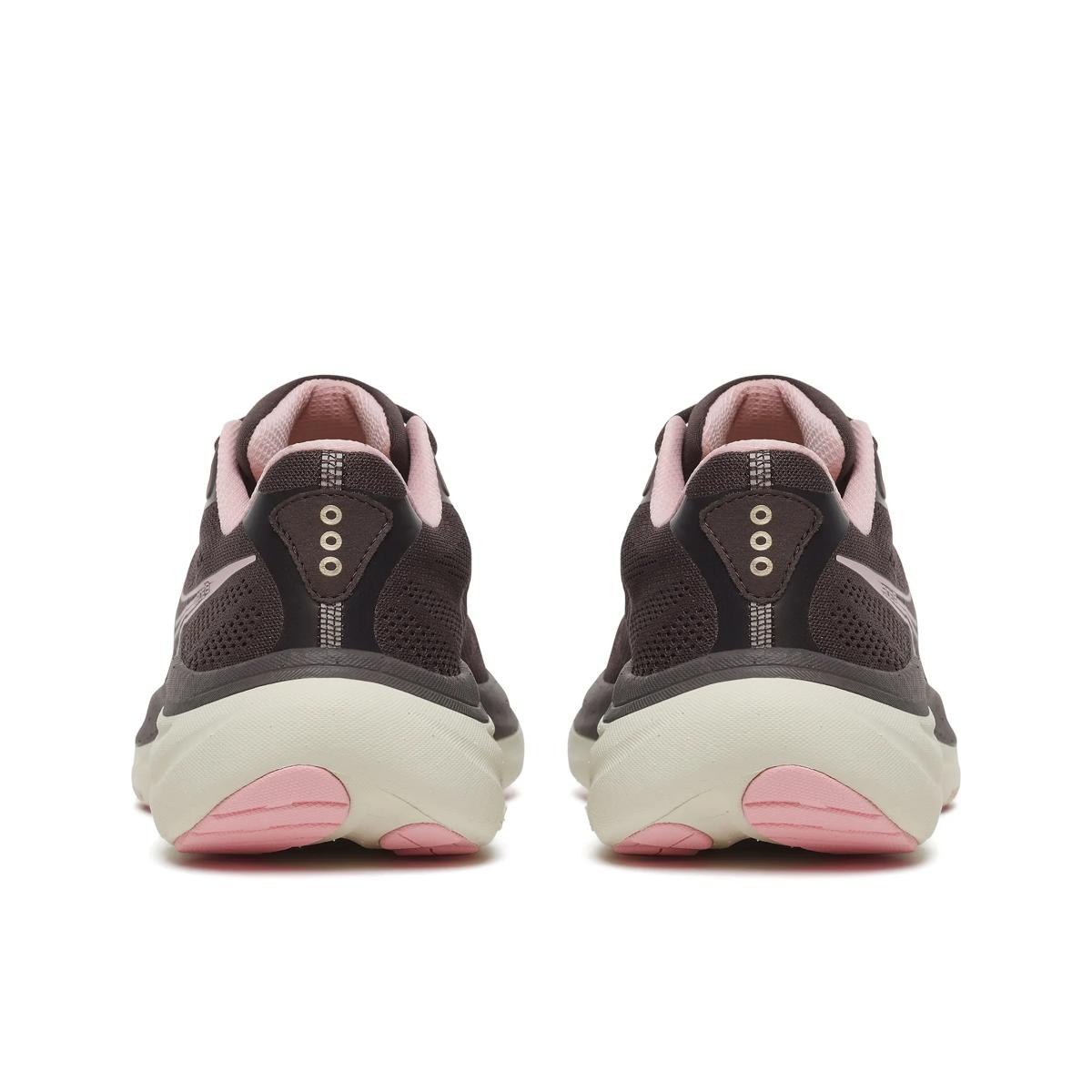back view of womens saucony ride 19 road running shoe in a black colour with pink and white accents 