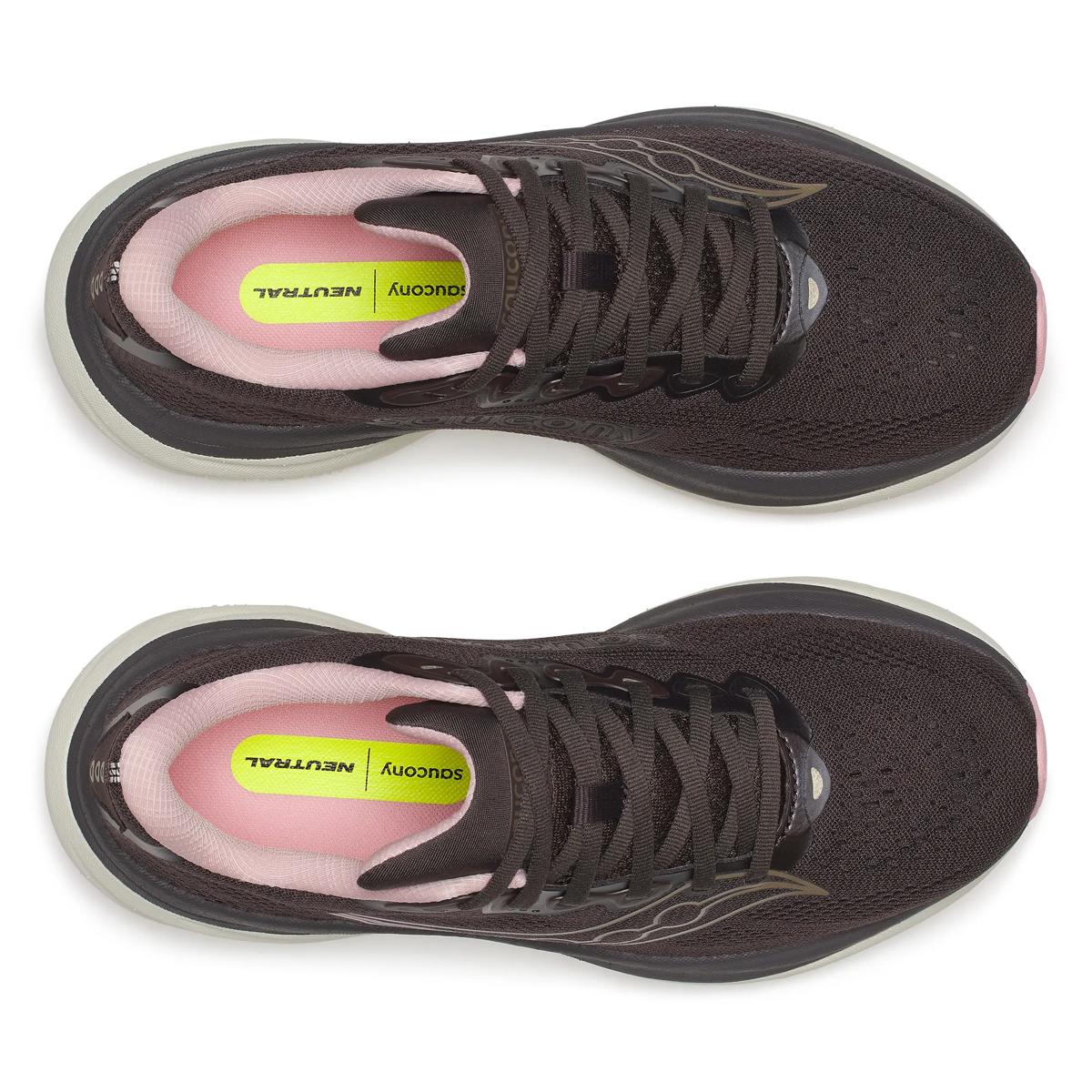 top view of womens saucony ride 19 road running shoe in a black colour with pink and white accents 