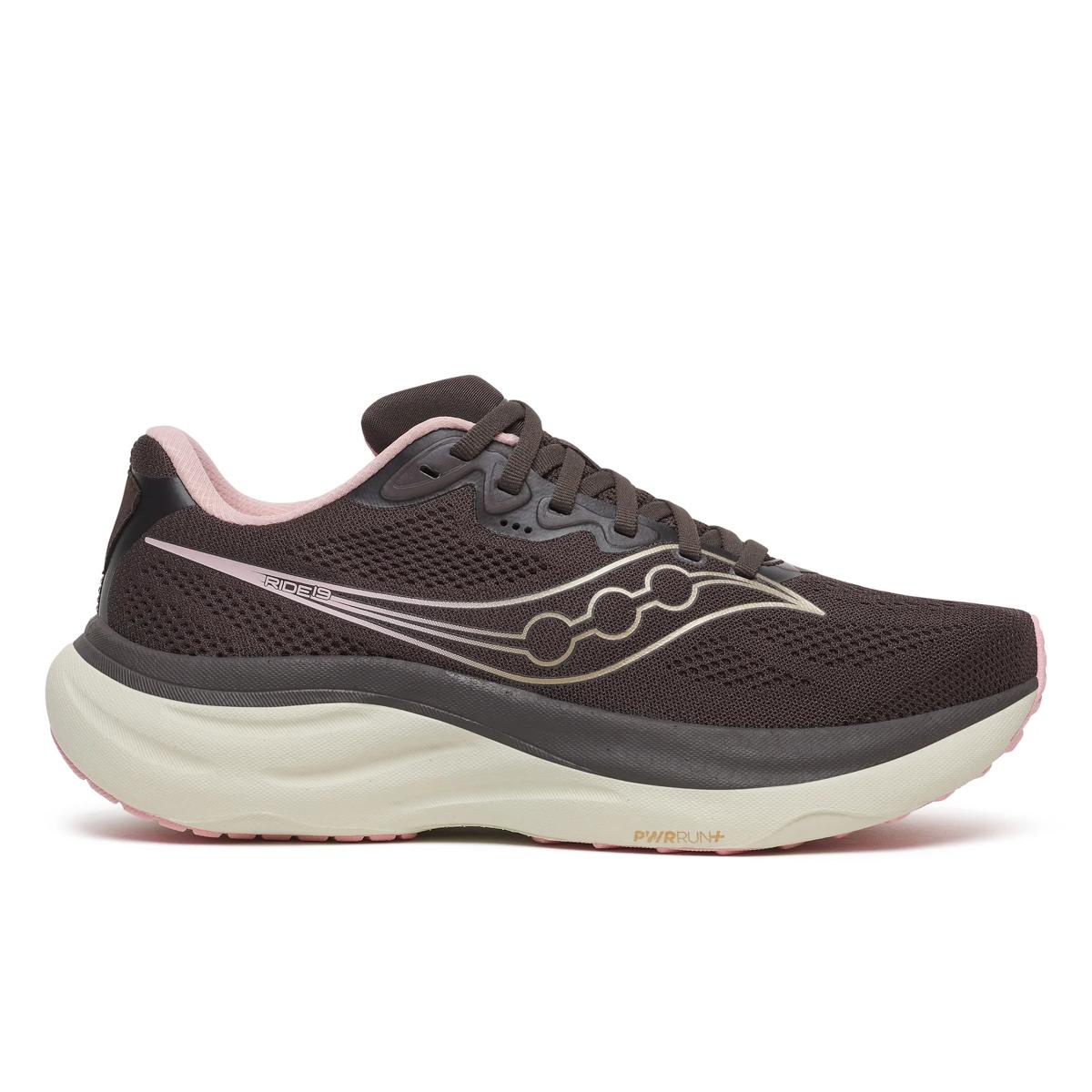 side view of womens saucony ride 19 road running shoe in a black colour with pink and white accents 