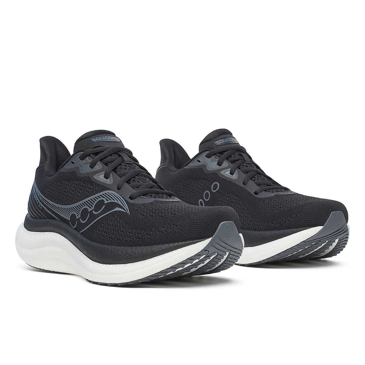 saucony triumph 23 mens, extra cushioned road running shoe for long distances, black and white colour, side profile of shoe 