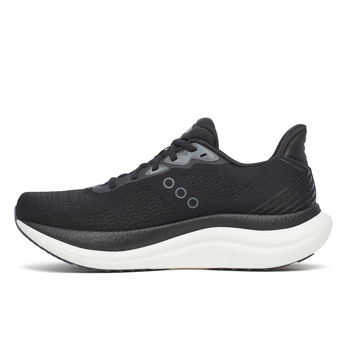 saucony triumph 23 mens, extra cushioned road running shoe for long distances, black and white colour, side profile of shoe 
