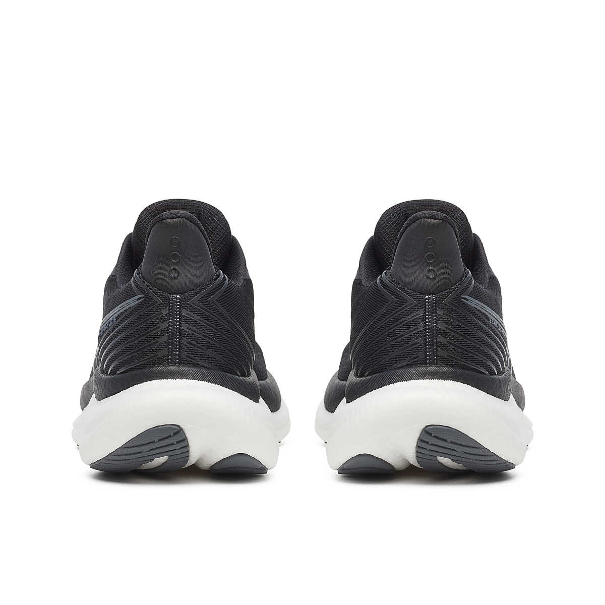 saucony triumph 23 mens, extra cushioned road running shoe for long distances, black and white colour, back view of shoe