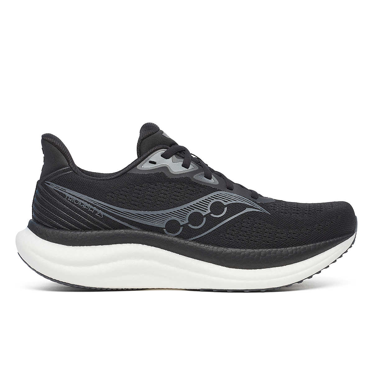 saucony triumph 23 mens, extra cushioned road running shoe for long distances, black and white colour, side profile of shoe 