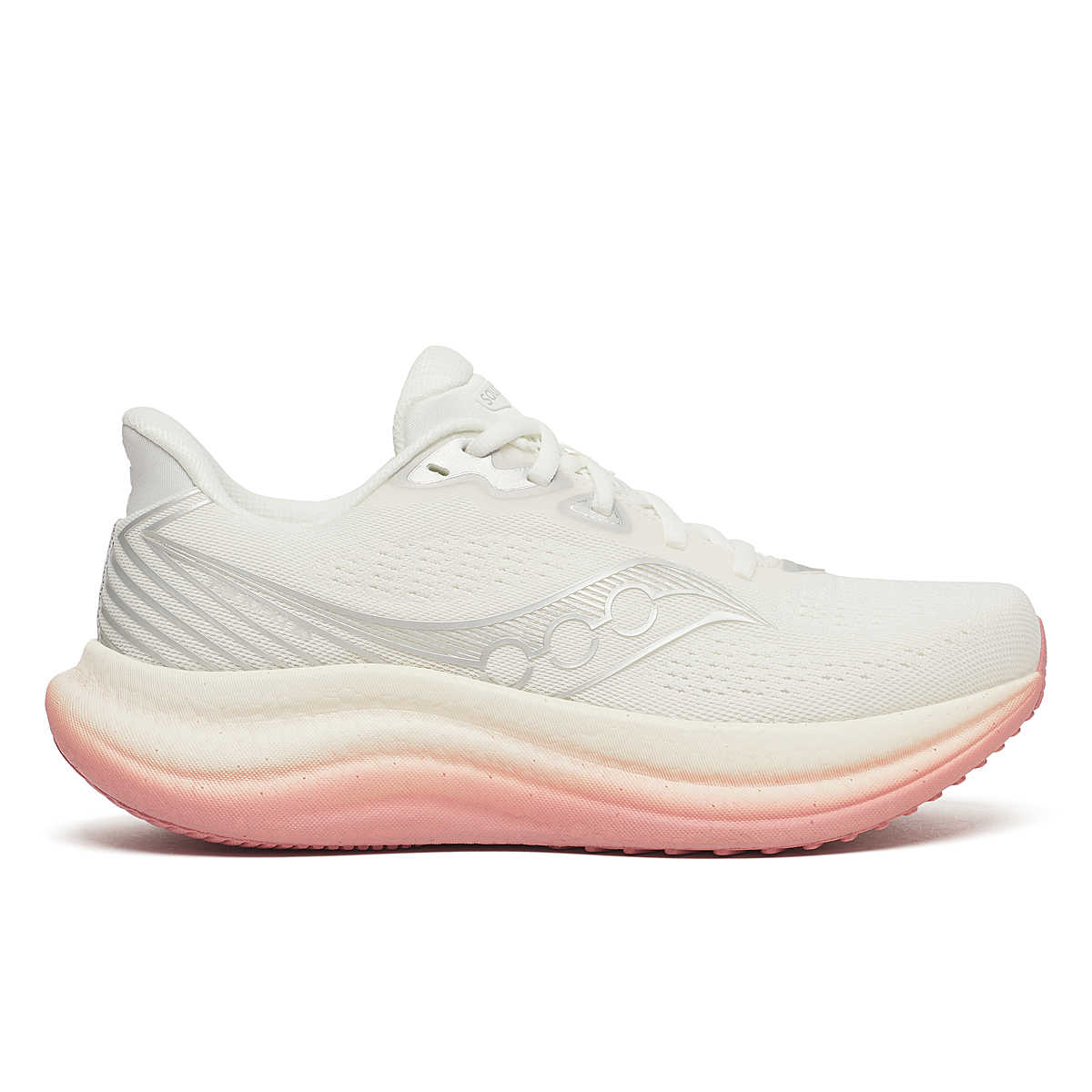 saucony triumph 23 womens, extra cushioned long distnace road running and walking shoe, white with peach details, side profile of shoe