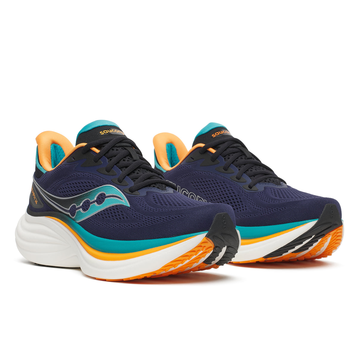 saucony triumph 24 mens, maximum cushioned road running shoes, navy with teal orange and white details, side angled profile of shoes