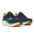 saucony triumph 24 mens, maximum cushioned road running shoes, navy with teal orange and white details, side angled profile of shoes