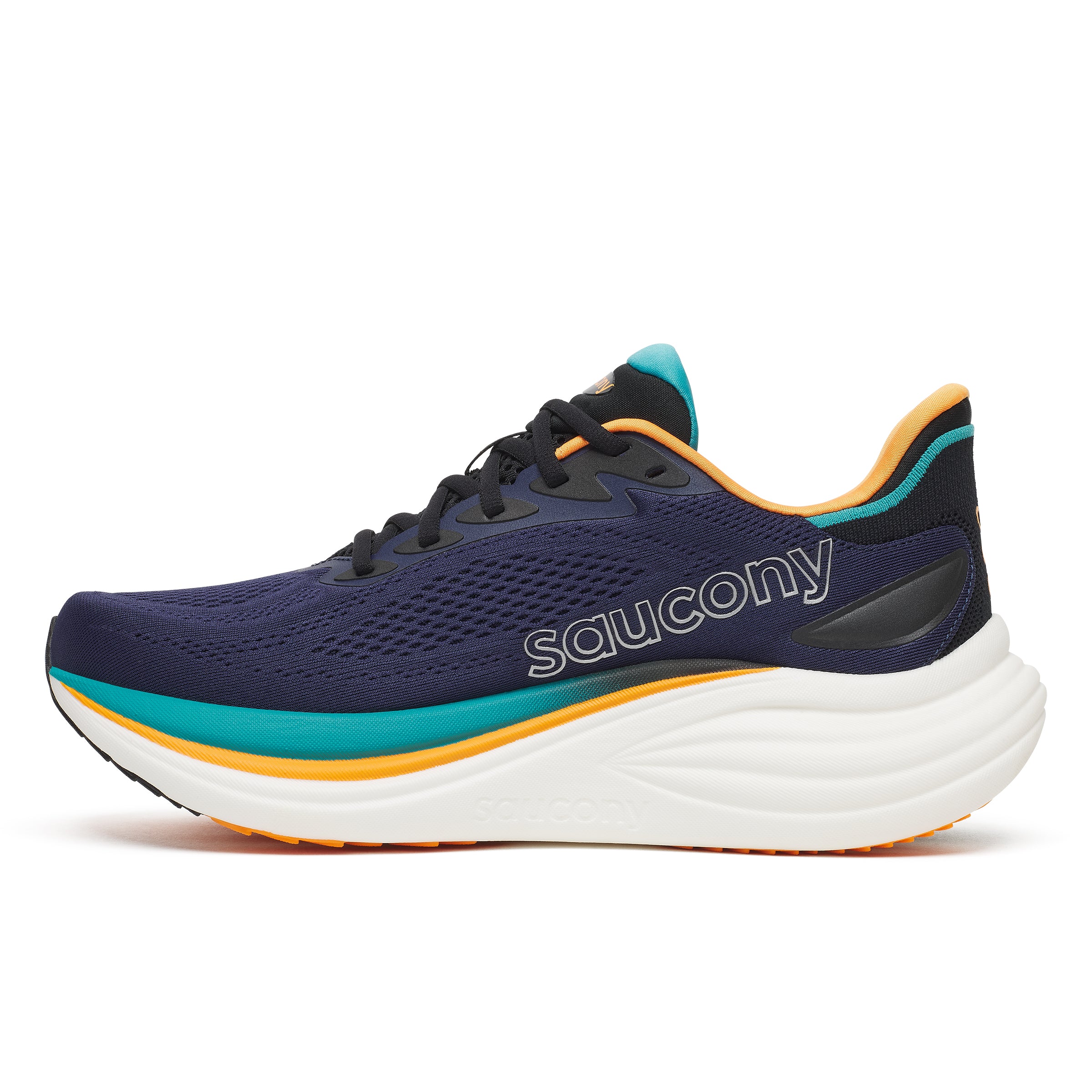 saucony triumph 24 mens, maximum cushioned road running shoes, navy with teal orange and white details, inside profile of shoe