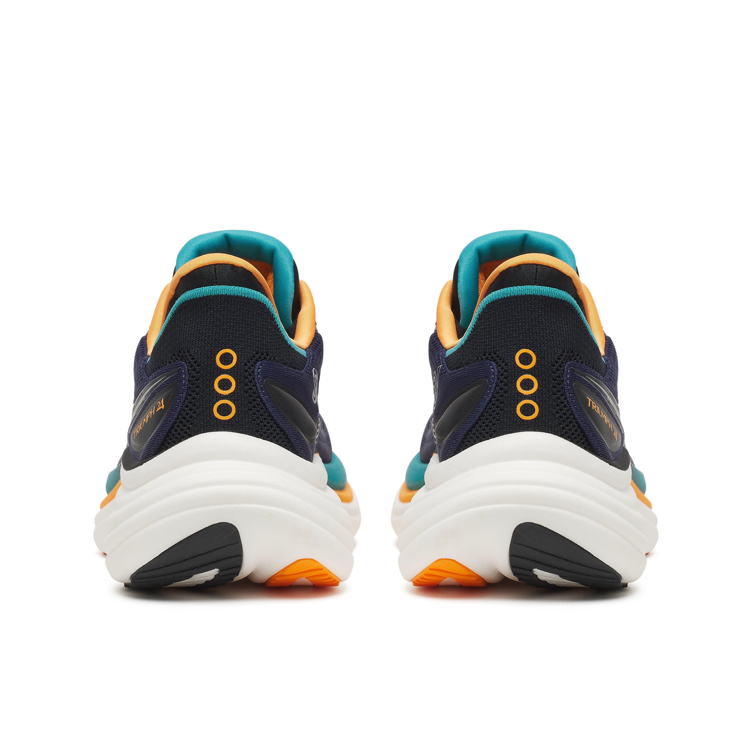 saucony triumph 24 mens, maximum cushioned road running shoes, navy with teal orange and white details, heels of shoe