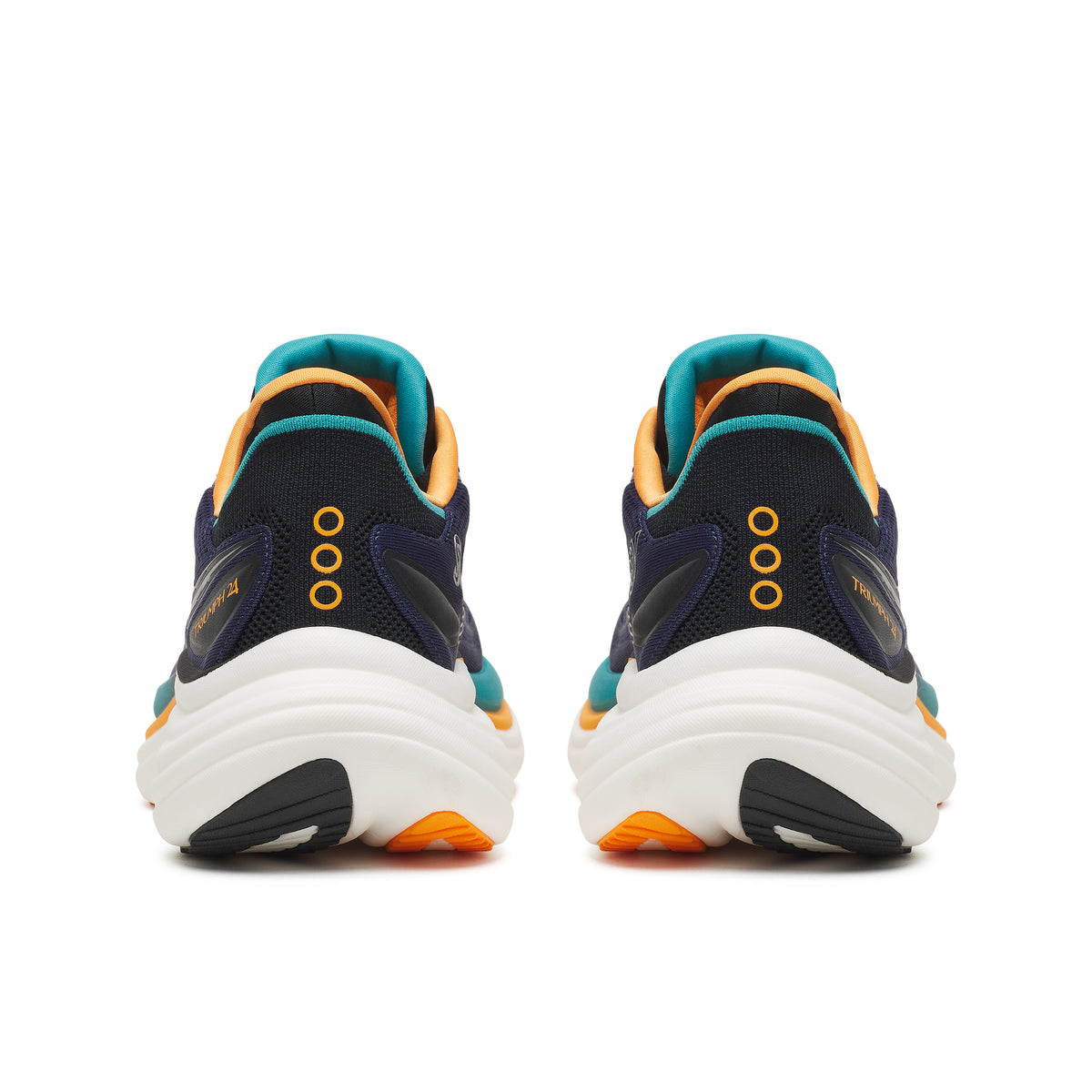 saucony triumph 24 mens, maximum cushioned road running shoes, navy with teal orange and white details, heels of shoe