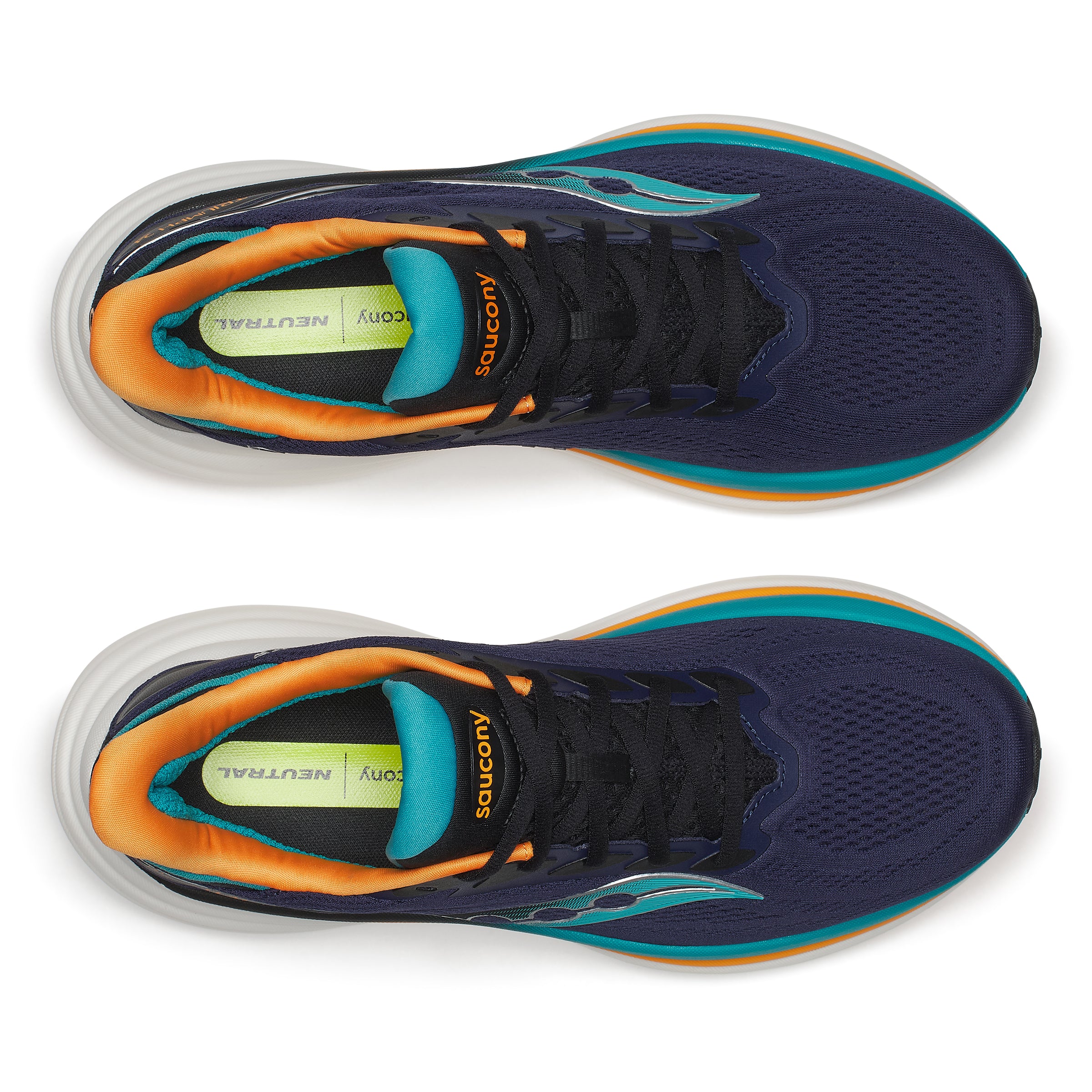 saucony triumph 24 mens, maximum cushioned road running shoes, navy with teal orange and white details, tops of shoes