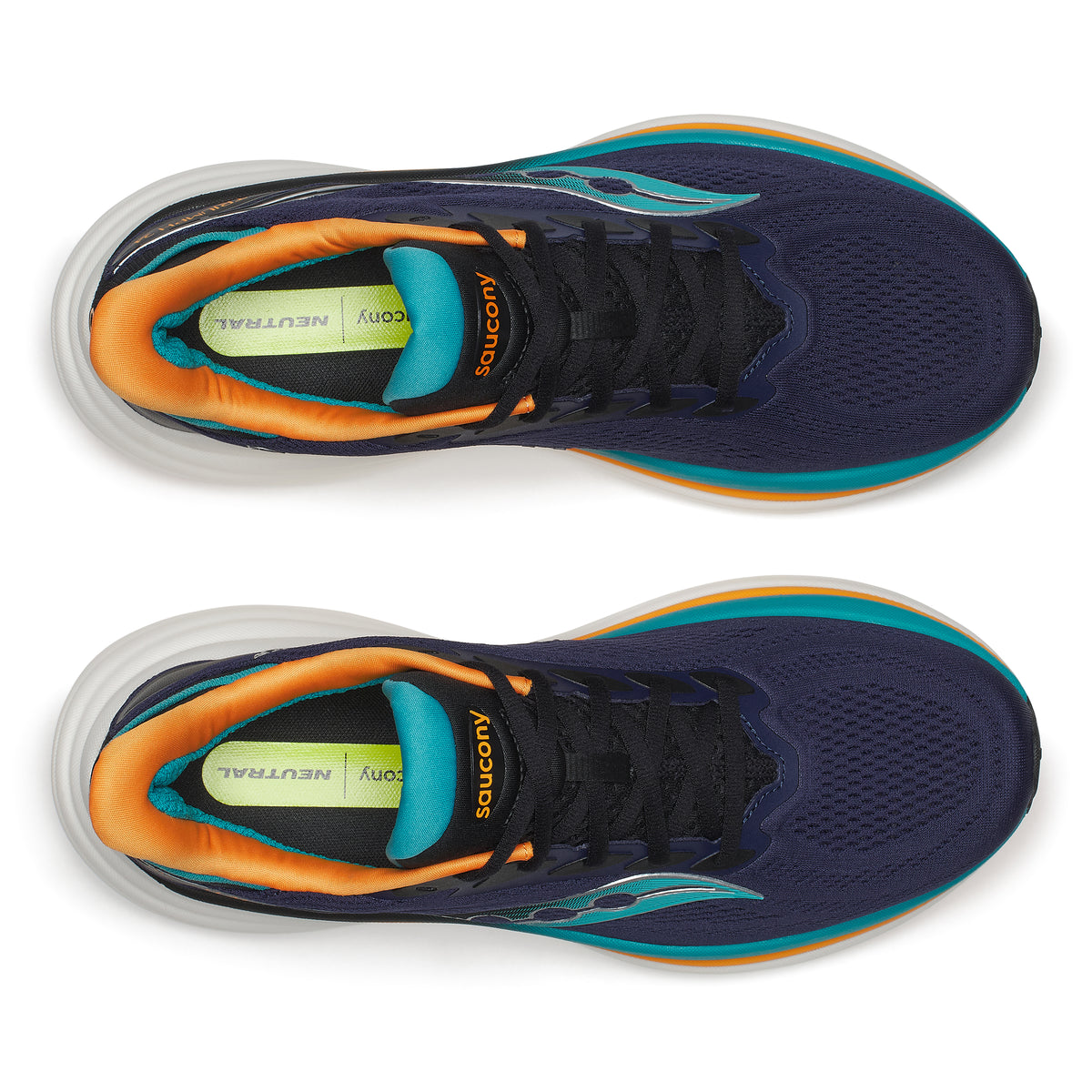 saucony triumph 24 mens, maximum cushioned road running shoes, navy with teal orange and white details, tops of shoes