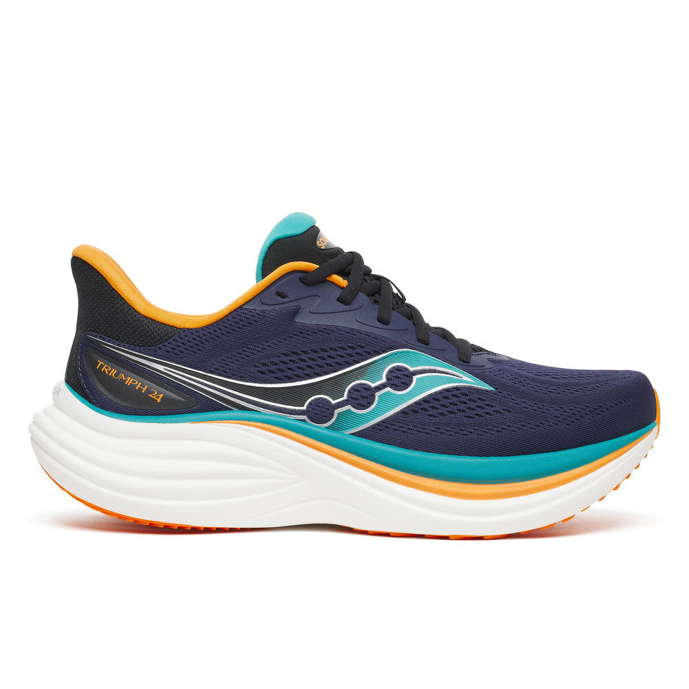 saucony triumph 24 mens, maximum cushioned road running shoes, navy with teal orange and white details, side profile of shoe