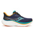 saucony triumph 24 mens, maximum cushioned road running shoes, navy with teal orange and white details, side profile of shoe