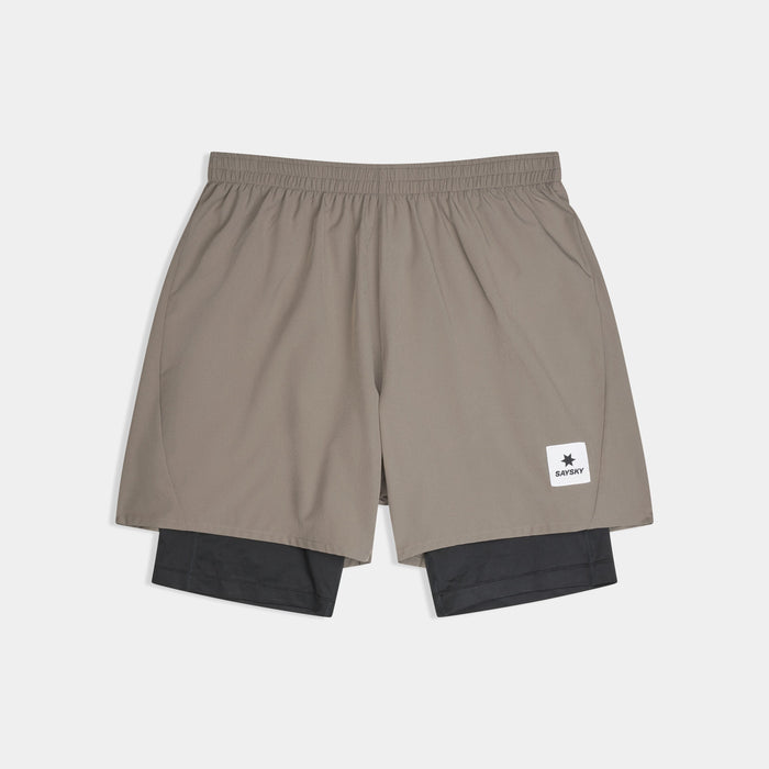 saysky pace 2-in-1 runnning short for men in taupe, comfortable running short with pockets, profile of saysky shorts lying flat on a white background