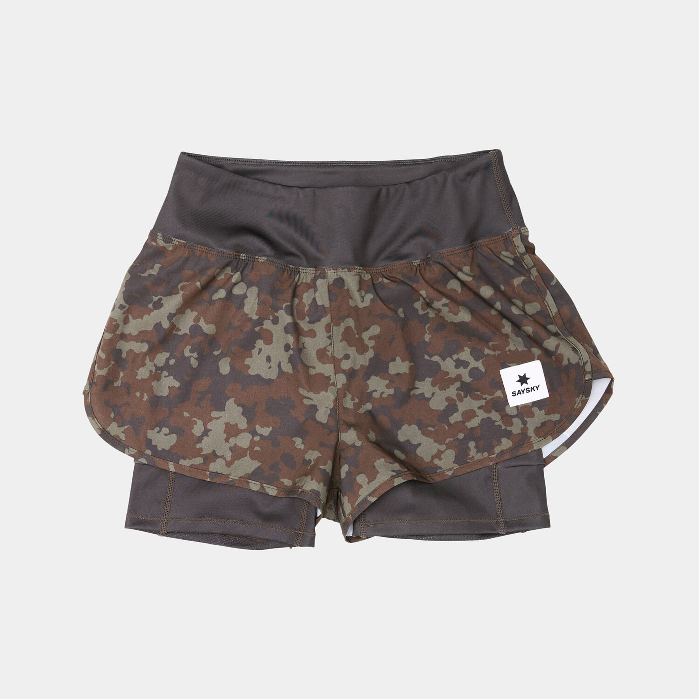 saysky camo pace 2in1 run shorts for women with logo at front