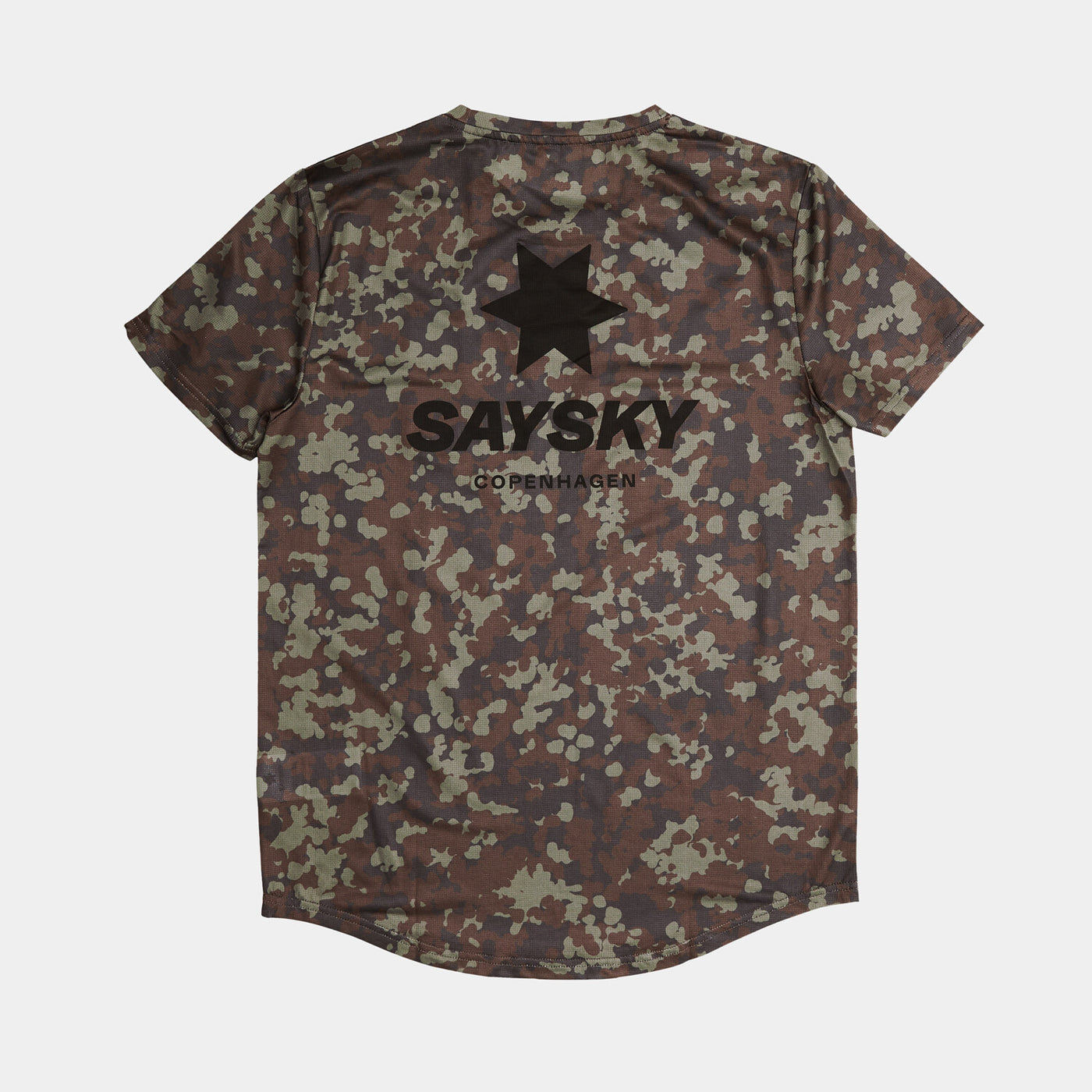 Camouflage t-shirt with a star logo and 'Saysky' branding on a white background