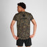 man wearing saysky camo combat tshirt, showing back with logo and star on the back
