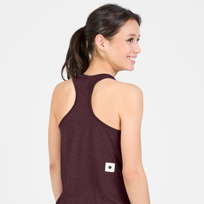 saysky clean combat pro singlet for women, lightweight tank for running or the gym, burgundy colour, back view of model wearing singlet on a white background