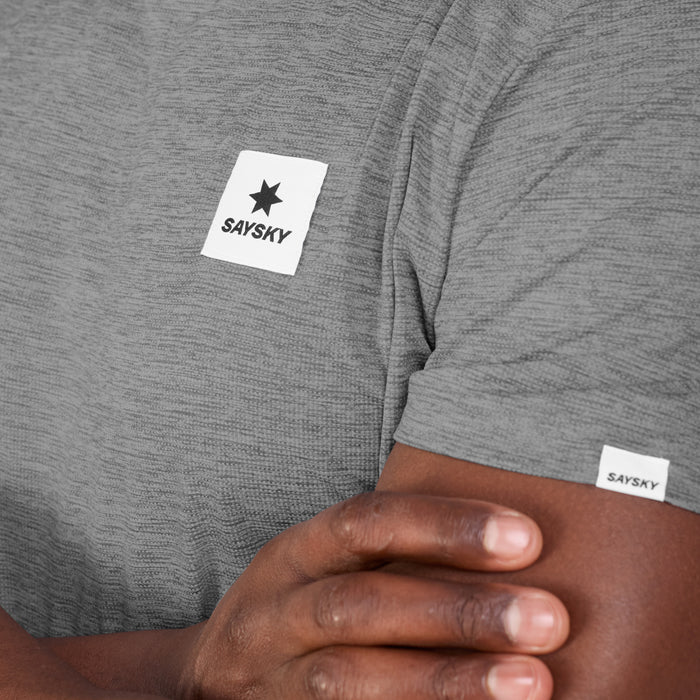 SAYSKY clean combat pro mens t-shirt in a grey colour. picture of t-shirt on a model.