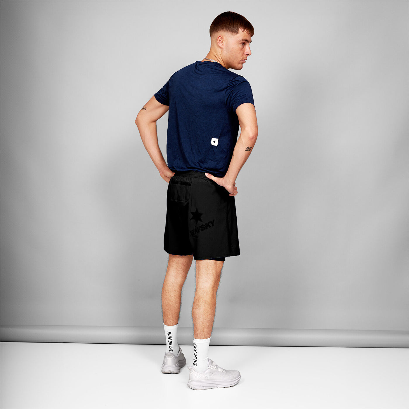 man wearing saysky clean combat pro tshirt, showing back