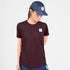saysky clean combat pro t-shirt, lightweight running top for women, burgundy colour, view of model wearing t-shirt with a navy hat and shorts on a white background
