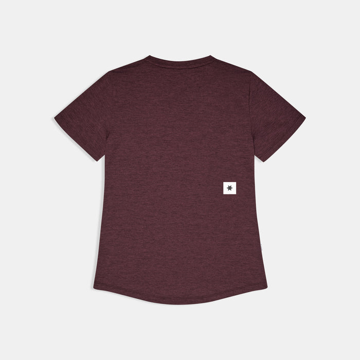 saysky clean combat pro t-shirt, lightweight running top for women, burgundy colour, back view of t-shirt on a white background