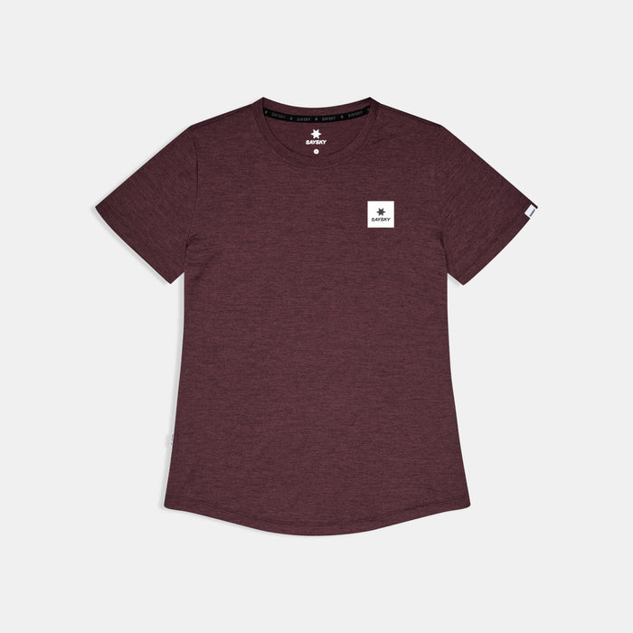 saysky clean combat pro t-shirt, lightweight running top for women, burgundy colour, view of t-shirt on a white background