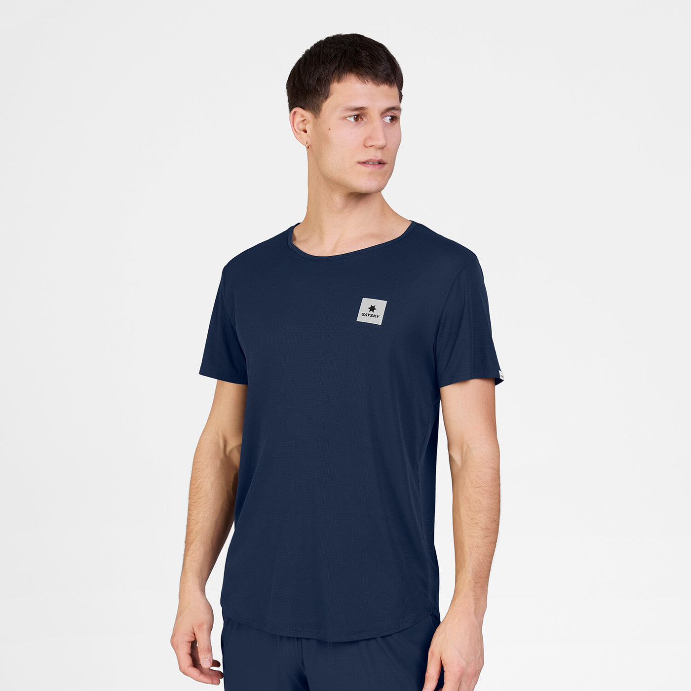 front view of mens saysky running t-shirt in a blue colour with a white saysky logo