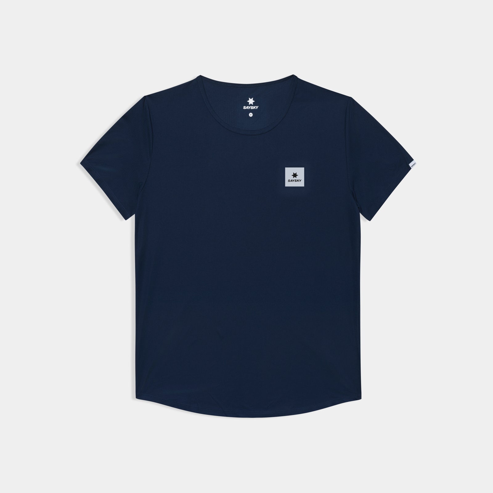 front view of mens saysky running t-shirt in a blue colour with a white saysky logo